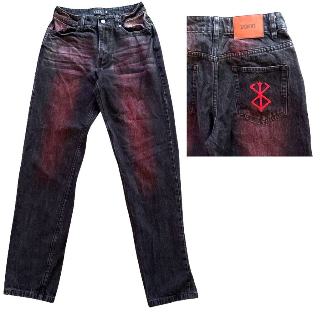 VEES Sacrifice Satan Jeans Mens 28x32 Black Denim Red Wash Embroidered Whiskers